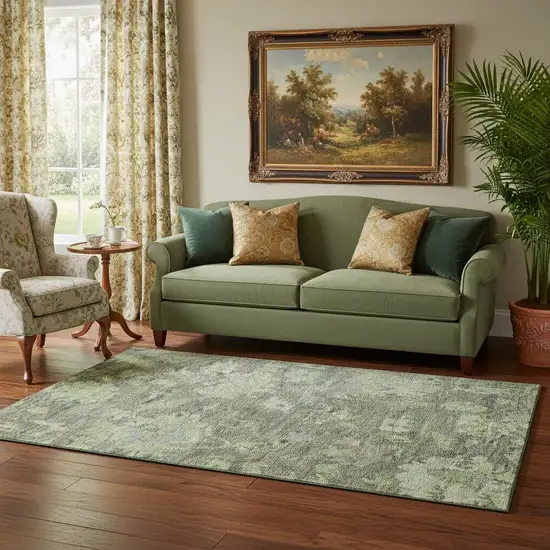 Fern Green And Gray Floral Washable Area Rug With UV Protection Photo 2