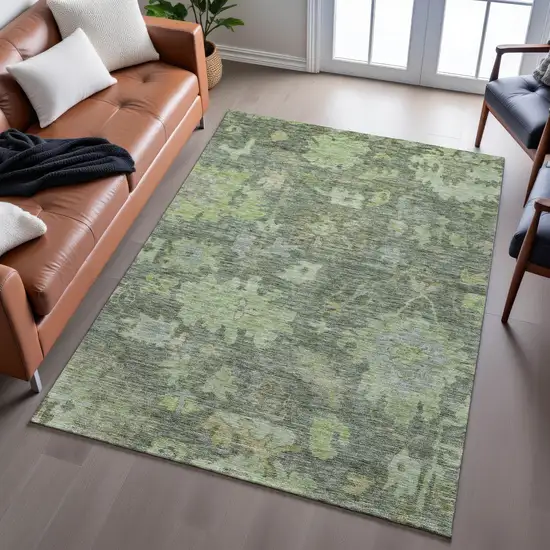 Fern Green And Gray Floral Washable Area Rug With UV Protection Photo 5