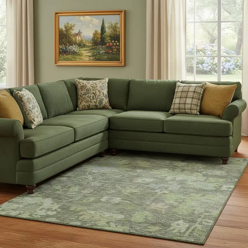 Fern Green And Gray Floral Washable Area Rug With UV Protection Photo 2