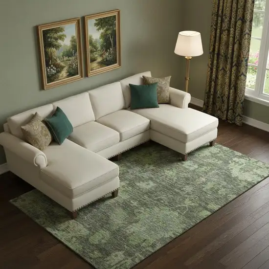 Fern Green And Gray Floral Washable Area Rug With UV Protection Photo 2