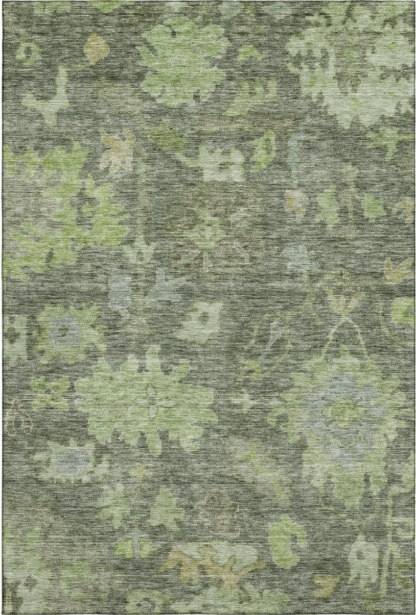 Fern Green And Gray Floral Washable Area Rug With UV Protection Photo 1
