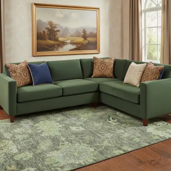 Fern Green And Gray Floral Washable Area Rug With UV Protection Photo 2