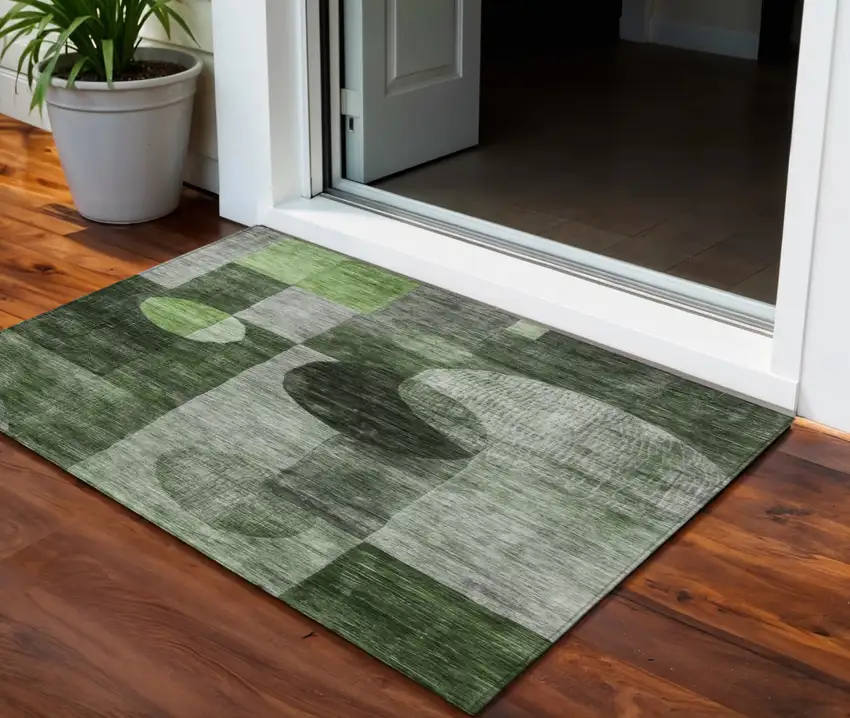 Fern Green And Gray Geometric Washable Indoor Outdoor Area Rug Photo 1