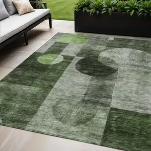 Photo of Fern Green And Gray Geometric Washable Indoor Outdoor Area Rug