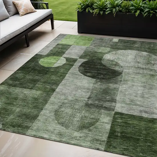 Fern Green And Gray Geometric Washable Indoor Outdoor Area Rug Photo 1