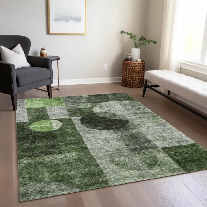 Fern Green And Gray Geometric Washable Indoor Outdoor Area Rug Photo 9