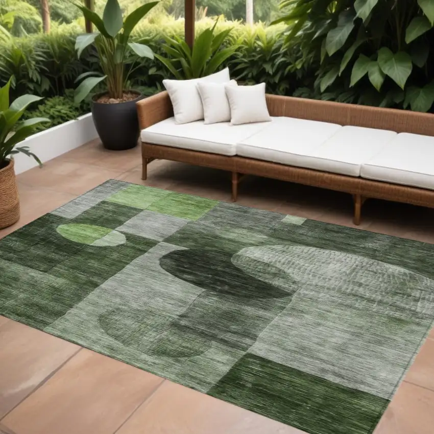 Fern Green And Gray Geometric Washable Indoor Outdoor Area Rug Photo 1