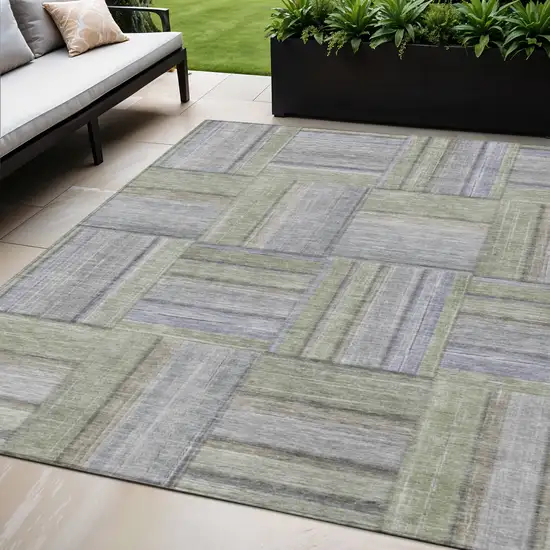 Fern Green And Gray Geometric Washable Indoor Outdoor Area Rug Photo 1