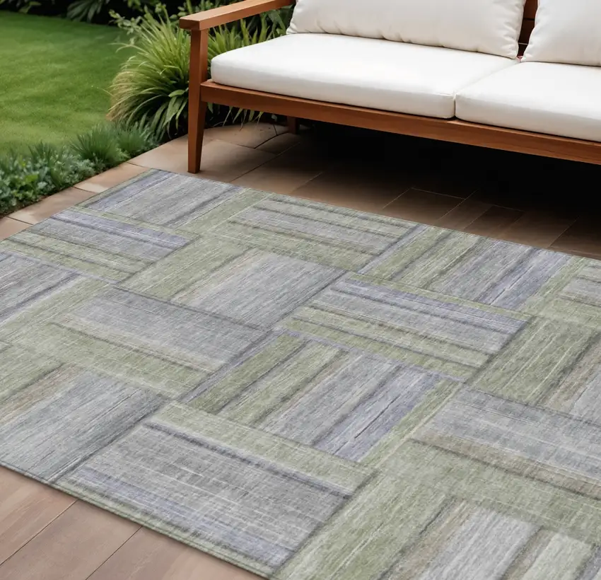 Fern Green And Gray Geometric Washable Indoor Outdoor Area Rug Photo 1