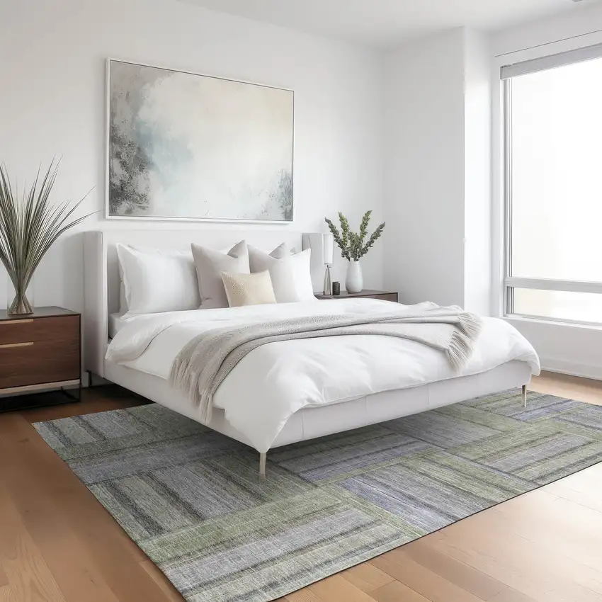 Fern Green And Gray Geometric Washable Indoor Outdoor Area Rug Photo 9