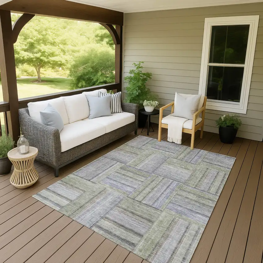 Fern Green And Gray Geometric Washable Indoor Outdoor Area Rug Photo 7