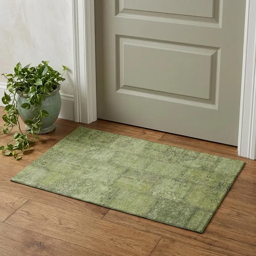 Fern Green And Gray Patchwork Washable Area Rug With UV Protection Photo 1