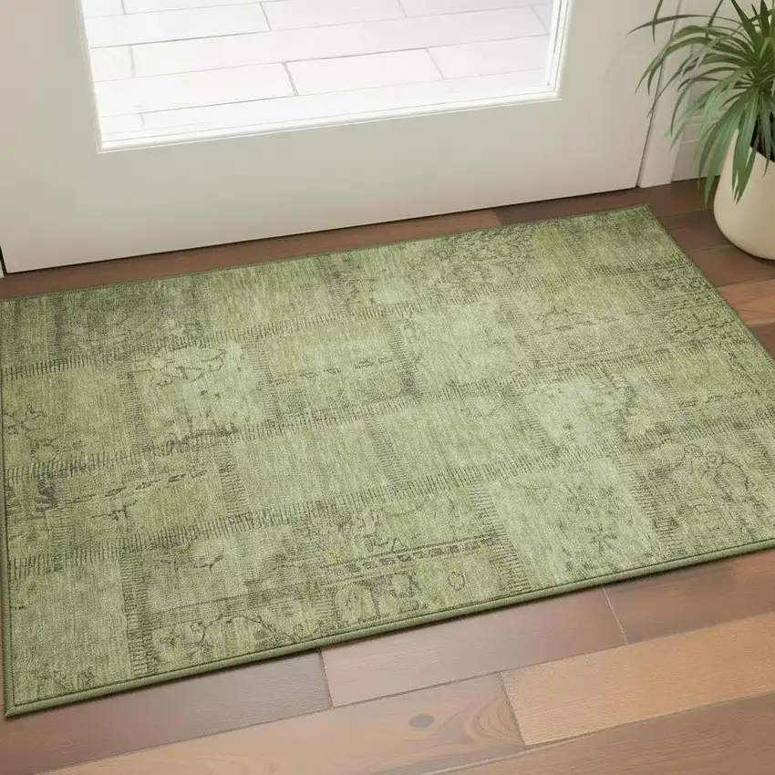 Fern Green And Gray Patchwork Washable Area Rug With UV Protection Photo 2