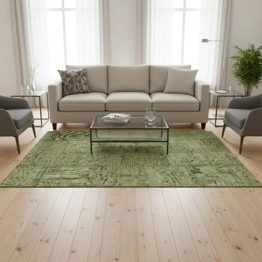 Fern Green And Gray Patchwork Washable Area Rug With UV Protection Photo 1