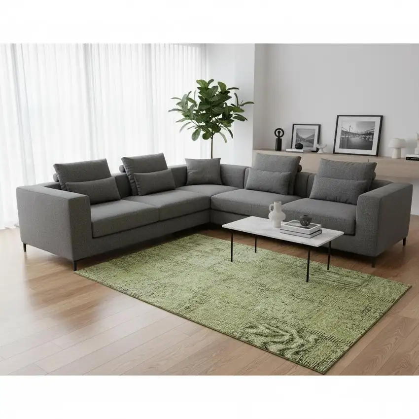 Fern Green And Gray Patchwork Washable Area Rug With UV Protection Photo 1