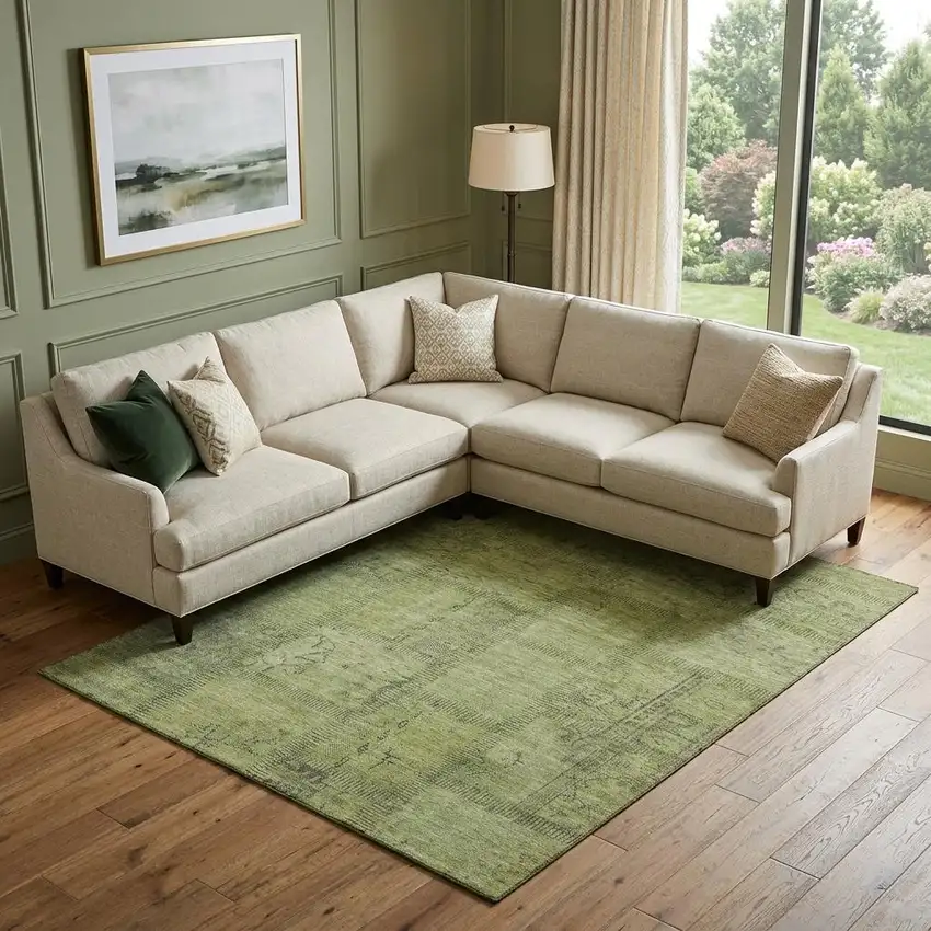 Fern Green And Gray Patchwork Washable Area Rug With UV Protection Photo 1