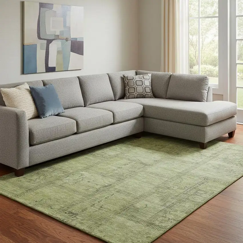 Fern Green And Gray Patchwork Washable Area Rug With UV Protection Photo 1