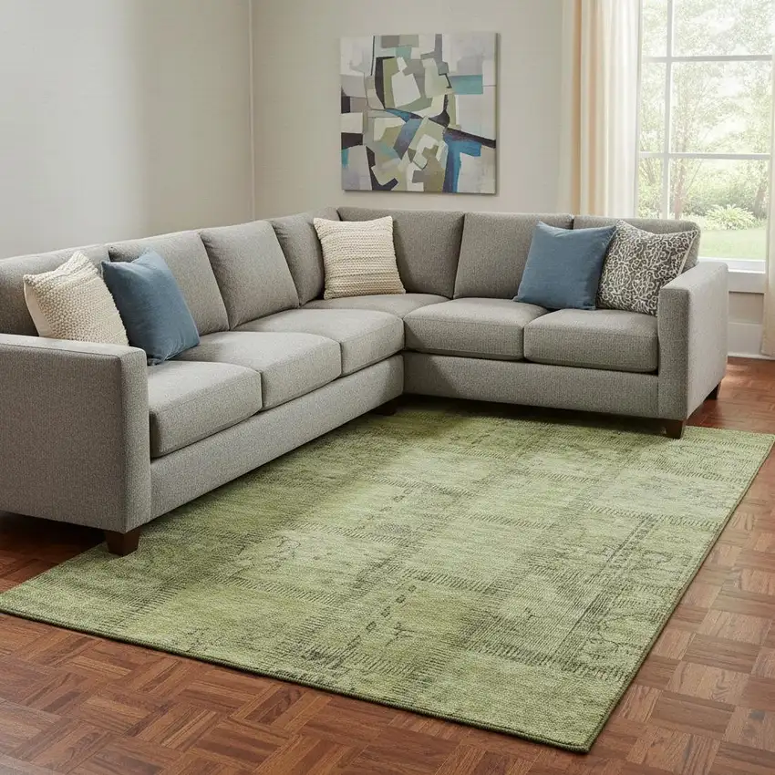 Fern Green And Gray Patchwork Washable Area Rug With UV Protection Photo 1