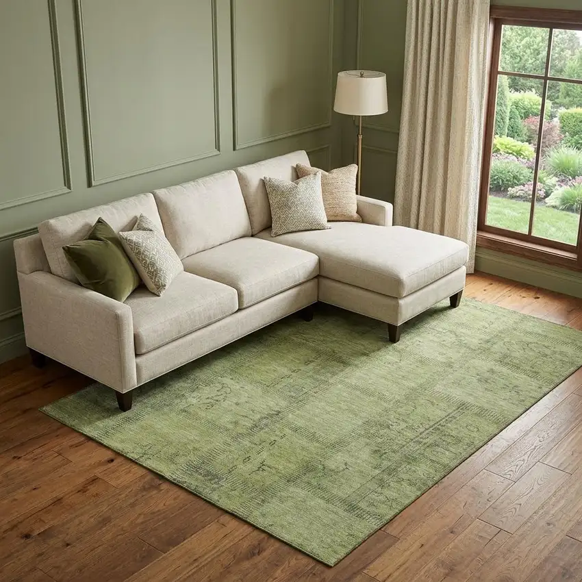 Fern Green And Gray Patchwork Washable Area Rug With UV Protection Photo 1