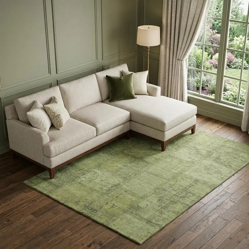 Fern Green And Gray Patchwork Washable Area Rug With UV Protection Photo 1