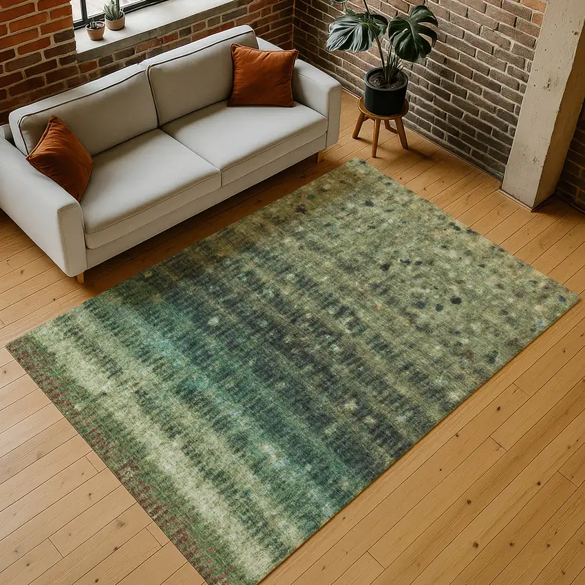 Fern Green And Gray Striped Washable Indoor Outdoor Area Rug Photo 9