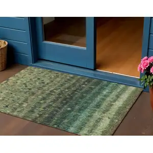 Photo of Fern Green And Gray Striped Washable Indoor Outdoor Area Rug