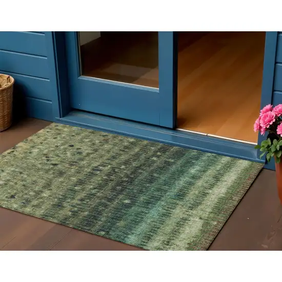 Fern Green And Gray Striped Washable Indoor Outdoor Area Rug Photo 1