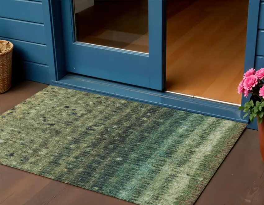 Fern Green And Gray Striped Washable Indoor Outdoor Area Rug Photo 1