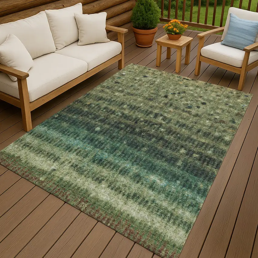 Fern Green And Gray Striped Washable Indoor Outdoor Area Rug Photo 9