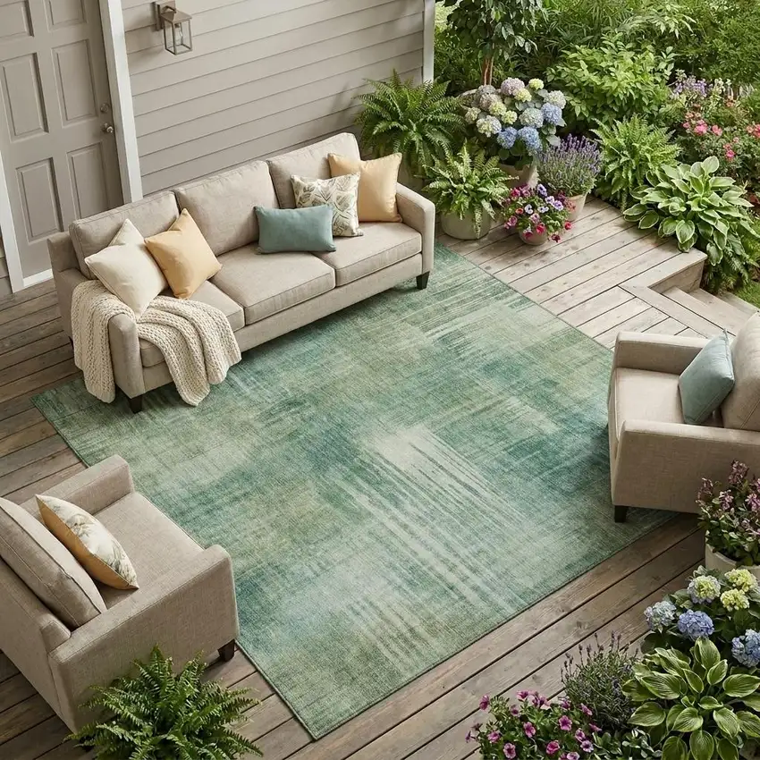 Fern Green And Green Abstract Washable Indoor Outdoor Area Rug Photo 1
