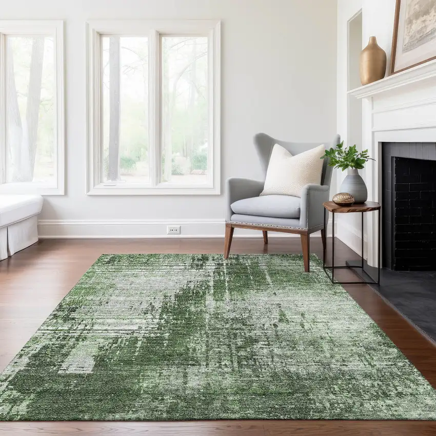 Fern Green And Green Abstract Washable Indoor Outdoor Area Rug Photo 8