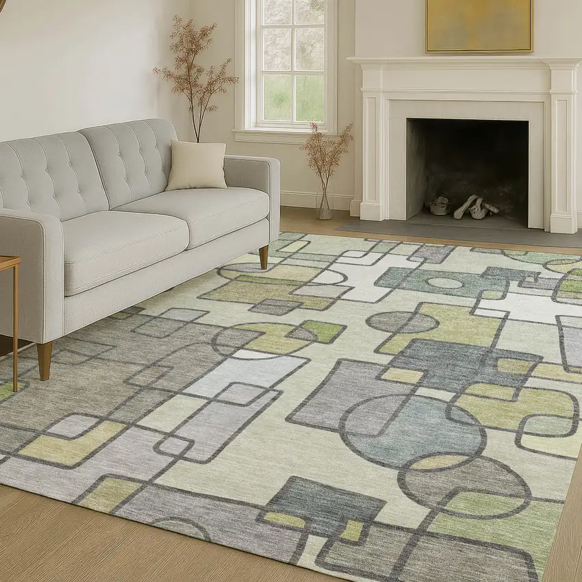 Fern Green And Green Geometric Washable Indoor Outdoor Area Rug Photo 6
