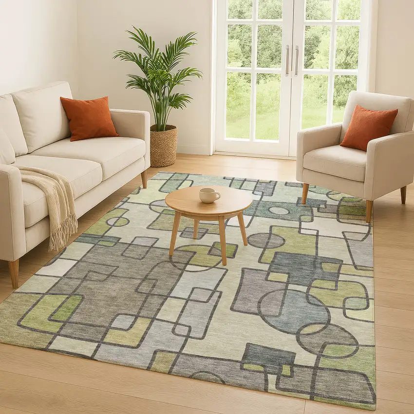 Fern Green And Green Geometric Washable Indoor Outdoor Area Rug Photo 5