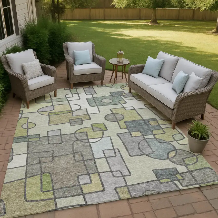 Fern Green And Green Geometric Washable Indoor Outdoor Area Rug Photo 4