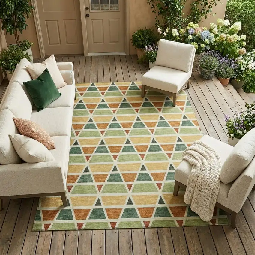 Fern Green And Green Geometric Washable Indoor Outdoor Area Rug Photo 1