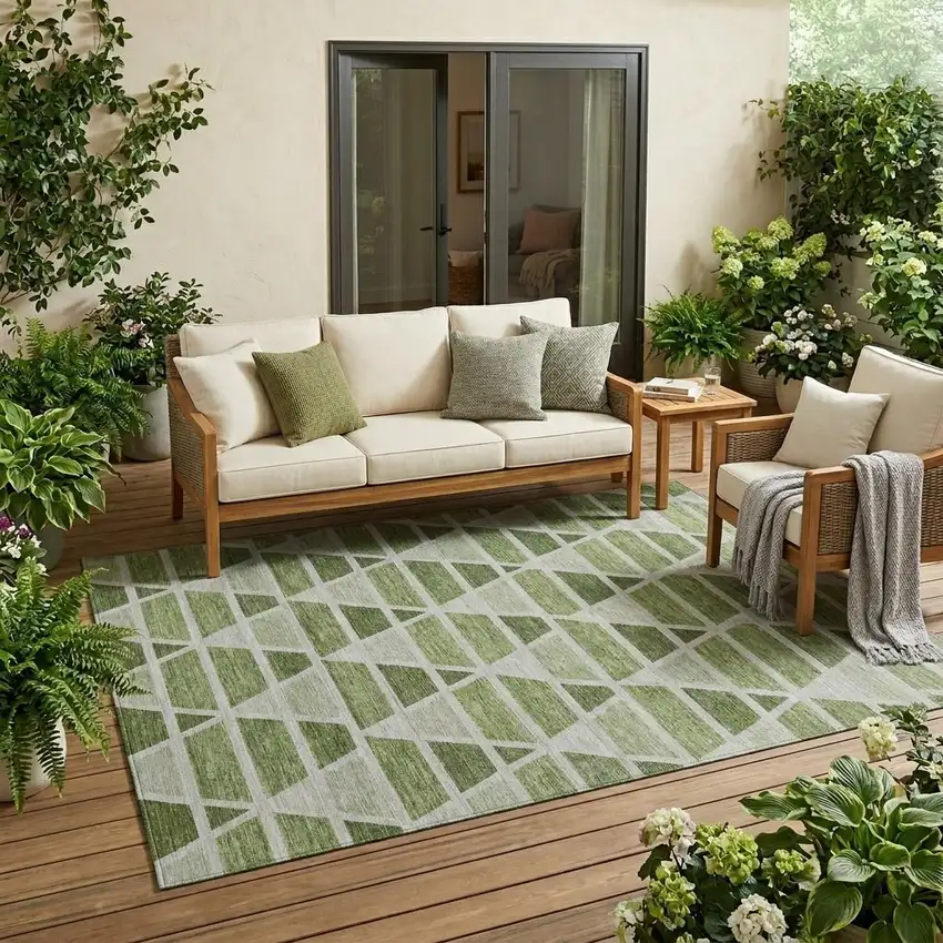 Fern Green And Green Geometric Washable Indoor Outdoor Area Rug Photo 1
