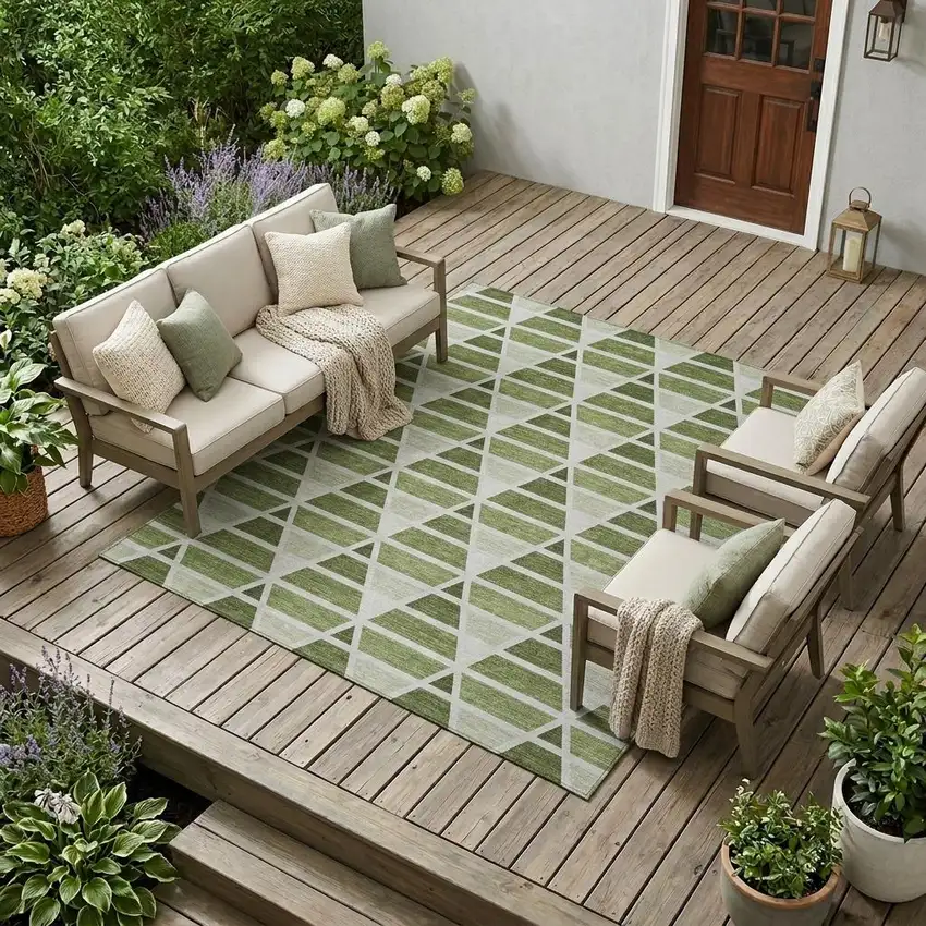 Fern Green And Green Geometric Washable Indoor Outdoor Area Rug Photo 1