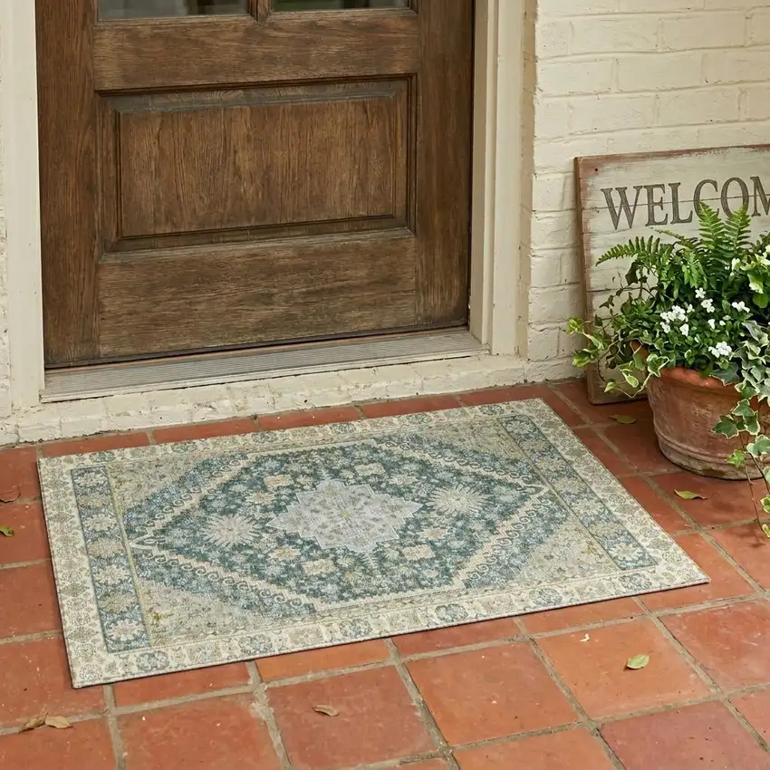 Fern Green And Green Oriental Washable Indoor Outdoor Area Rug Photo 1