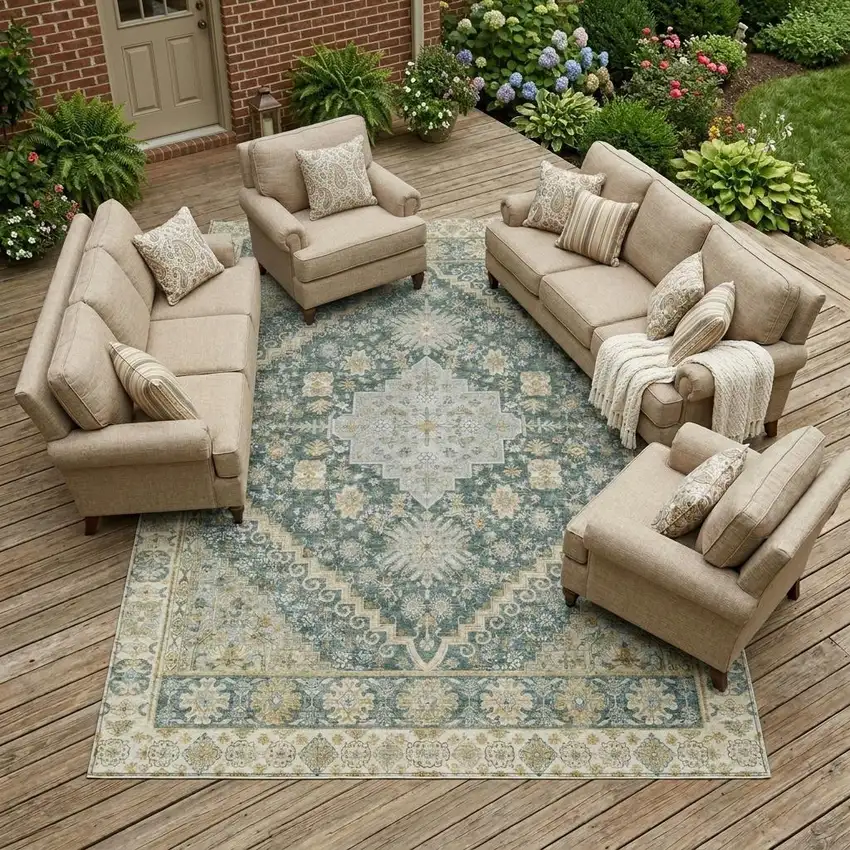 Fern Green And Green Oriental Washable Indoor Outdoor Area Rug Photo 1