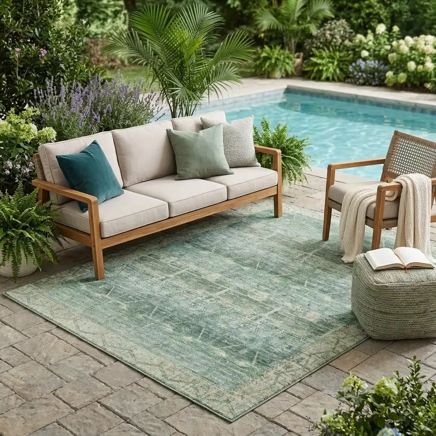 Fern Green And Green Tribal Washable Indoor Outdoor Area Rug Photo 1