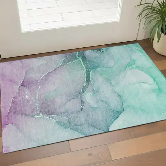 Fern Green And Ivory Abstract Washable Area Rug With UV Protection Photo 1