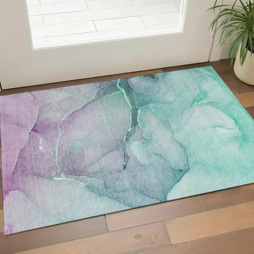 Fern Green And Ivory Abstract Washable Area Rug With UV Protection Photo 1