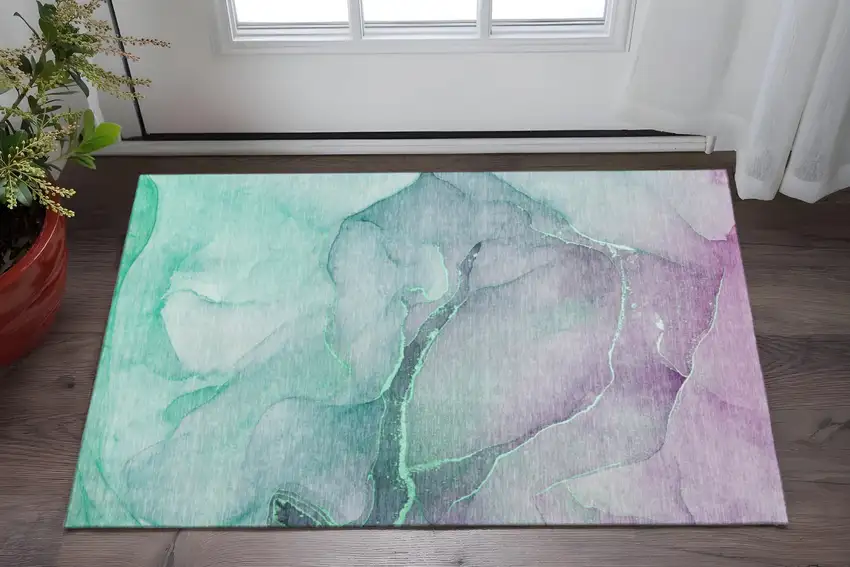 Fern Green And Ivory Abstract Washable Area Rug With UV Protection Photo 2