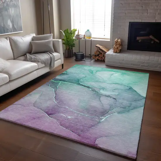 Fern Green And Ivory Abstract Washable Area Rug With UV Protection Photo 6