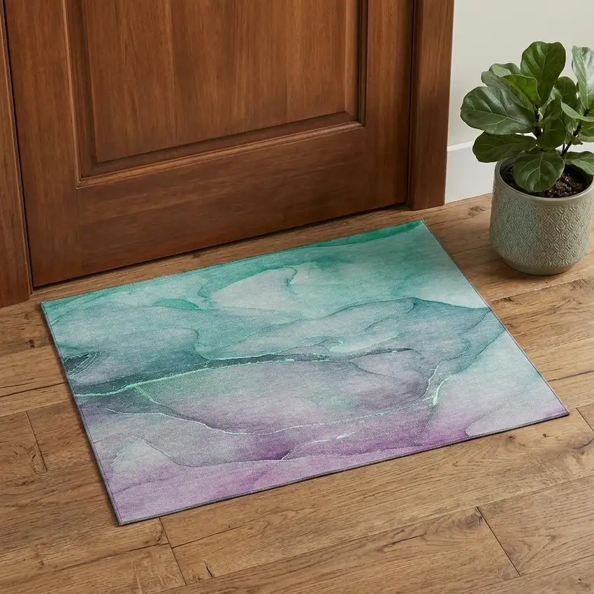 Fern Green And Ivory Abstract Washable Area Rug With UV Protection Photo 1