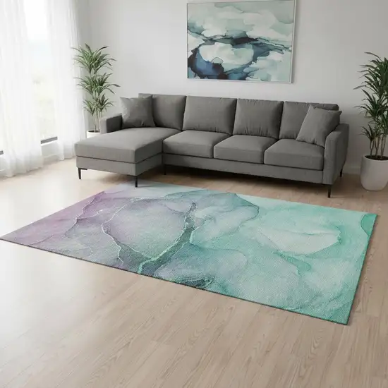 Fern Green And Ivory Abstract Washable Area Rug With UV Protection Photo 1