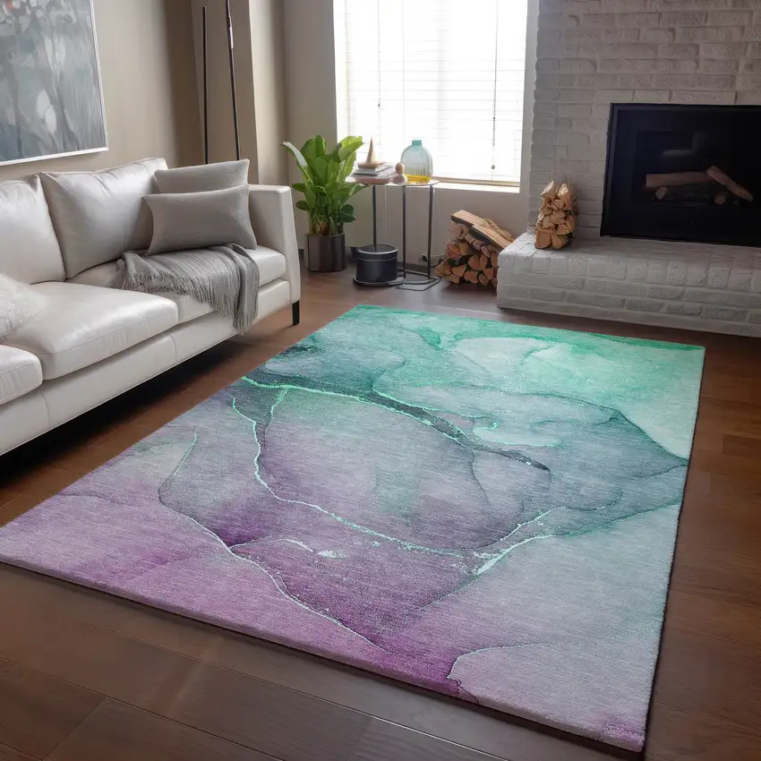 Fern Green And Ivory Abstract Washable Area Rug With UV Protection Photo 6