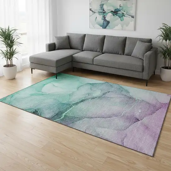 Fern Green And Ivory Abstract Washable Area Rug With UV Protection Photo 1