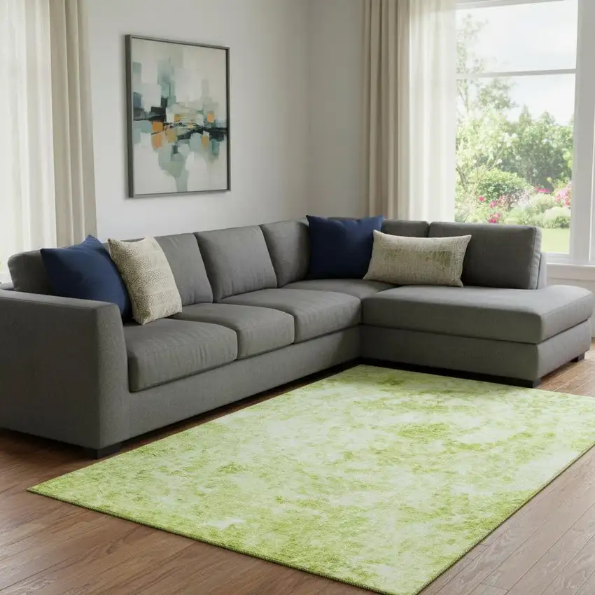 Fern Green And Ivory Abstract Washable Area Rug With UV Protection Photo 1