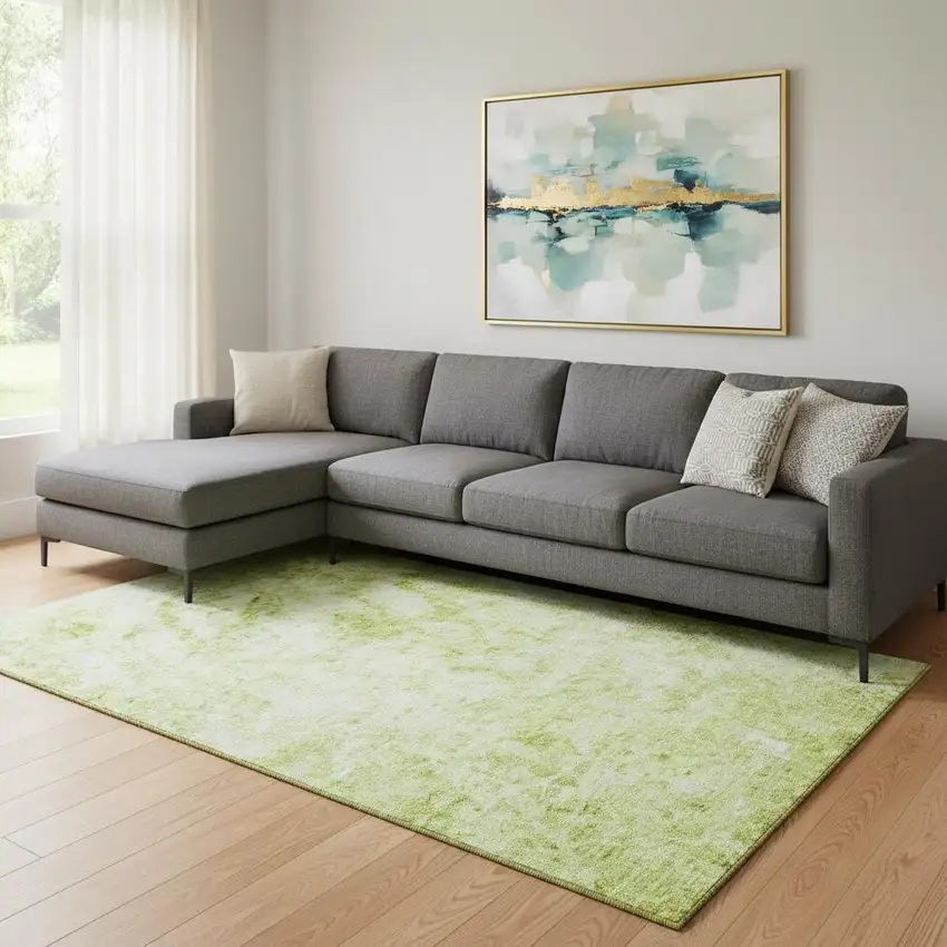 Fern Green And Ivory Abstract Washable Area Rug With UV Protection Photo 1